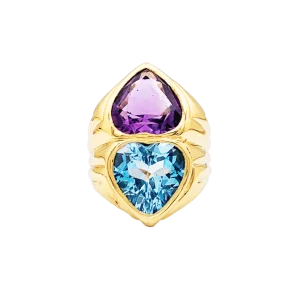 Bague "Cœurs" or jaune, améthyste et topaze.