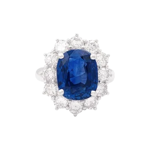 Bague "Pompadour" or blanc, diamants, saphir.